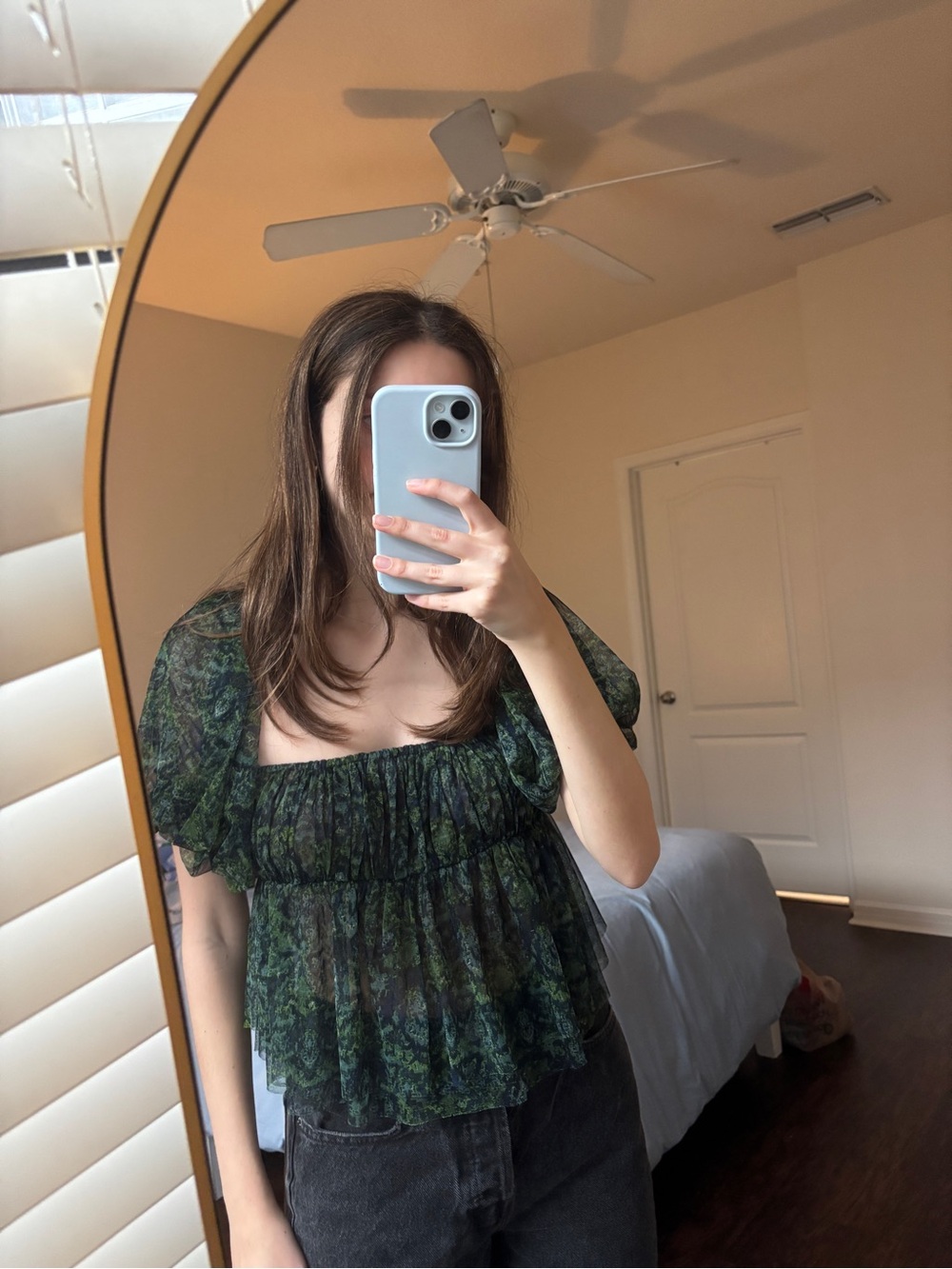 Free People Dark Green Sheer Floral Square-Neck Peplum Blouse